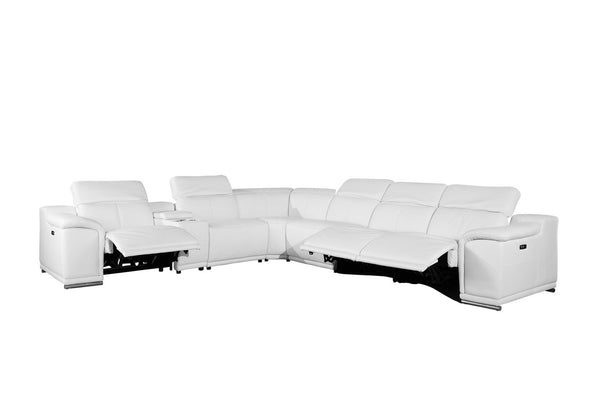 Homeroots White Italian Leather Power Reclining U Shaped Seven Piece Corner Sectional With Console White  366362