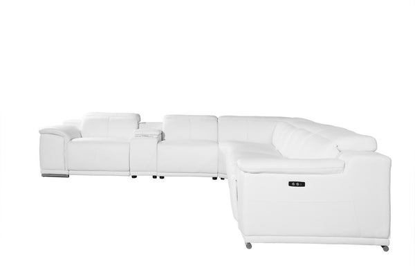 Homeroots White Italian Leather Power Reclining U Shaped Seven Piece Corner Sectional With Console White  366362
