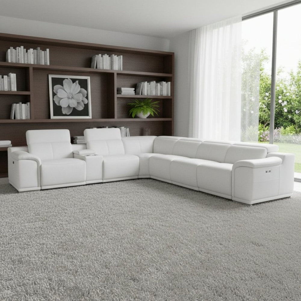 HomeRoots White Italian Leather U-Shaped Sectional – Luxurious 7-Piece Power Recliner with Console & USB Charging White 366362