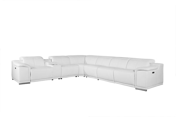 HomeRoots White Italian Leather U-Shaped Power Reclining Sectional Sofa with Console for Luxurious Comfort White 366363