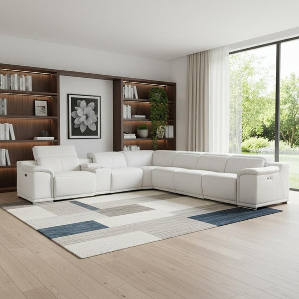 HomeRoots White Italian Leather U-Shaped Power Reclining Sectional Sofa with Console for Luxurious Comfort White 366363