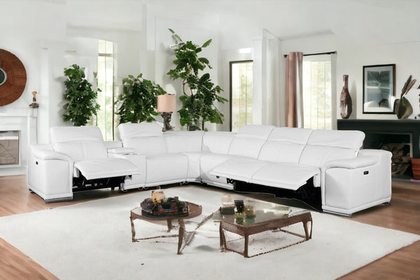 Homeroots White Italian Leather Power Reclining U Shaped Seven Piece Corner Sectional With Console White  366363