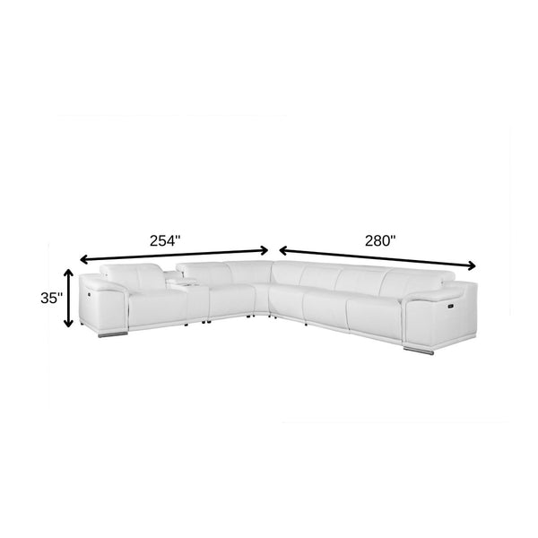 HomeRoots White Italian Leather U-Shaped Power Reclining Sectional Sofa with Console for Luxurious Comfort White 366363