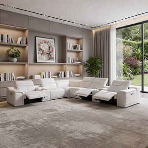 HomeRoots White Italian Leather Power Reclining U-Shaped Sectional Sofa with Console for Luxurious Comfort White 366364