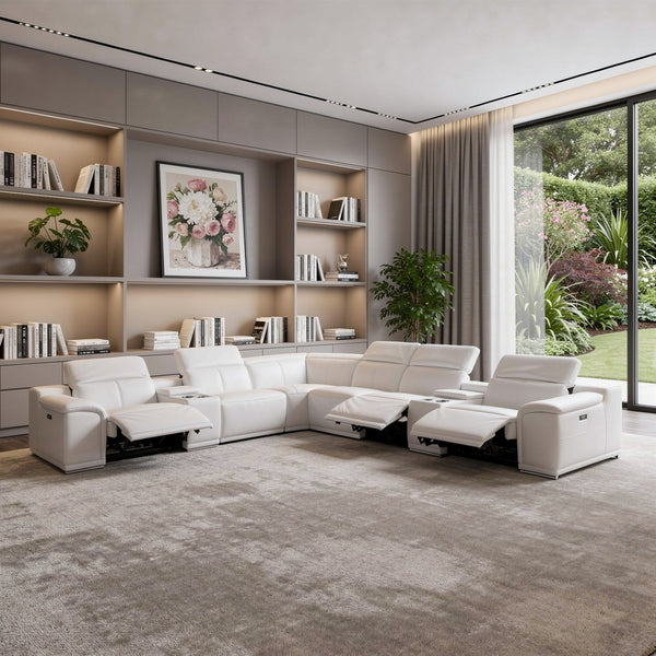 HomeRoots White Italian Leather Power Reclining U-Shaped Sectional Sofa with Console for Luxurious Comfort White 366364