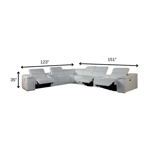 HomeRoots White Italian Leather Power Reclining U-Shaped Sectional Sofa with Console for Luxurious Comfort White 366364