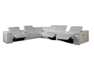 Homeroots White Italian Leather Power Reclining U Shaped Eight Piece Corner Sectional With Console White  366364