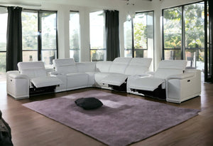 Homeroots White Italian Leather Power Reclining U Shaped Eight Piece Corner Sectional With Console White  366364