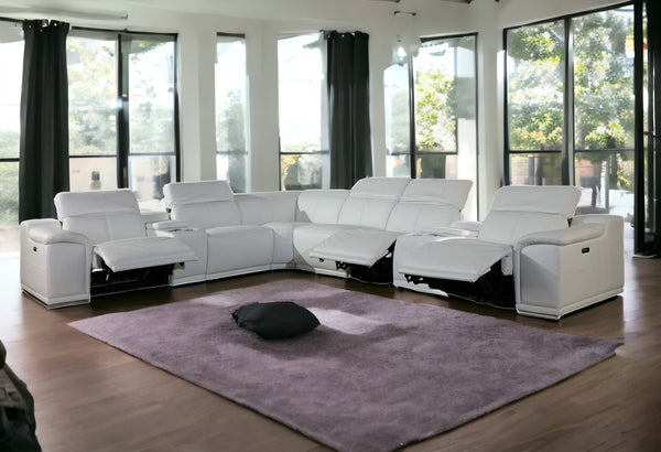 Homeroots White Italian Leather Power Reclining U Shaped Eight Piece Corner Sectional With Console White  366364