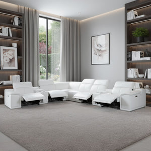HomeRoots White Italian Leather Power Reclining U-Shaped Sectional Sofa with Console for Luxurious Comfort White 366365