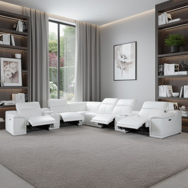 HomeRoots White Italian Leather Power Reclining U-Shaped Sectional Sofa with Console for Luxurious Comfort White 366365