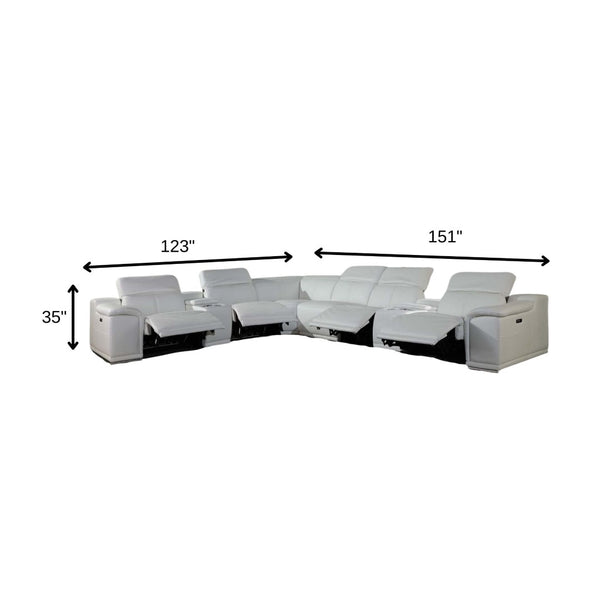 HomeRoots White Italian Leather Power Reclining U-Shaped Sectional Sofa with Console for Luxurious Comfort White 366365