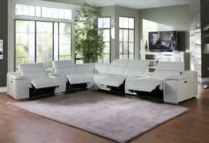 Homeroots White Italian Leather Power Reclining U Shaped Eight Piece Corner Sectional With Console White  366365