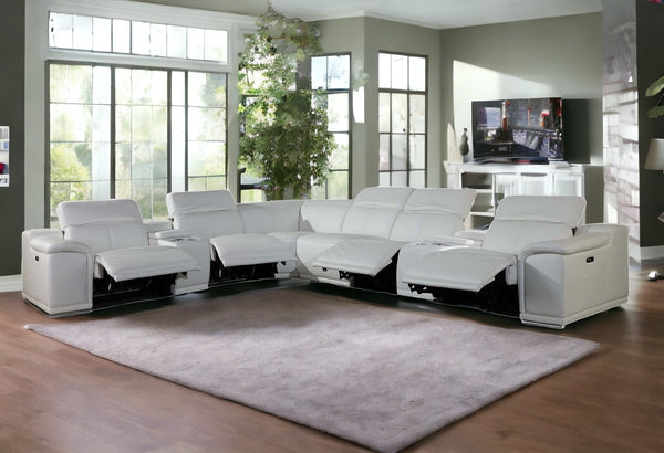 Homeroots White Italian Leather Power Reclining U Shaped Eight Piece Corner Sectional With Console White  366365