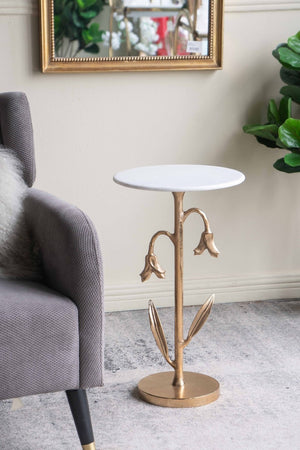 English Elm 14x14x24" Gold Tulip Aluminum Side Table with Veined White Marble Top for Elegant Rooms W2078P461590