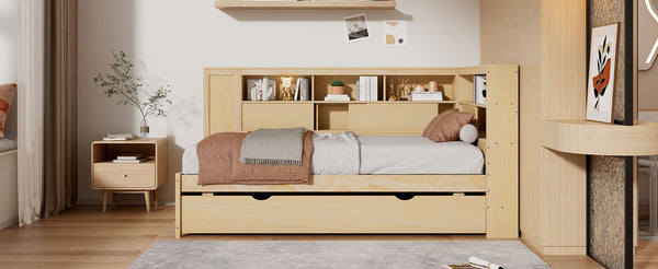 English Elm Twin Daybed with Built-In Shelves, USB Port & Trundle — Solid Pine Frame, Sturdy Storage and Smooth Wheels for Space-Saving Sleep Solutions Natural GX000467AAN