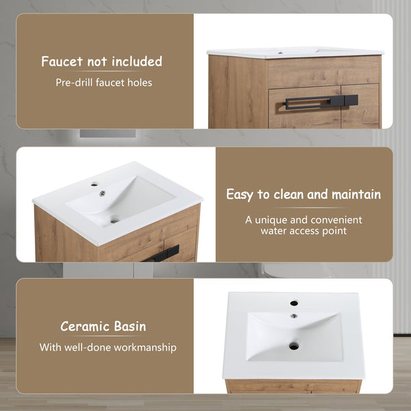 English Elm 24 24 Inch Bathroom Vanity with Ceramic Sink, Freestanding or Wall-Mount, Soft-Close Doors, Storage W999S00076