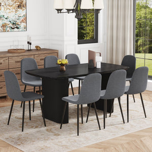English Elm Table And Chair Set - Elegant Black Wood Grain Mdf Table With 8 Dark Gray Fabric Chairs For Dining W1151S04156-GIGA