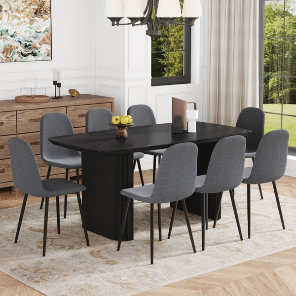 English Elm Table And Chair Set - Elegant Black Wood Grain Mdf Table With 8 Dark Gray Fabric Chairs For Dining W1151S04156-GIGA
