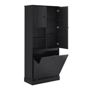 English Elm Tall Storage Cabinet with Flip-Out Basket, Adjustable Shelves & Aluminum Handles for Organized Living Black N725P322739B