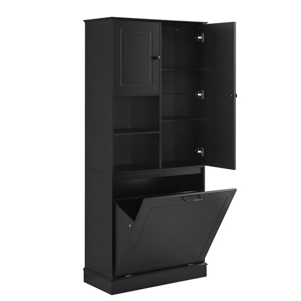 English Elm Tall Storage Cabinet with Flip-Out Basket, Adjustable Shelves & Aluminum Handles for Organized Living Black N725P322739B