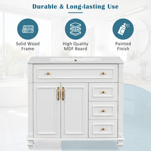 English Elm 36" Modern Bathroom Vanity with Ceramic Sink, Gold Handles, Flip-Out Drawer & Soft-Close Doors White N725P283623K