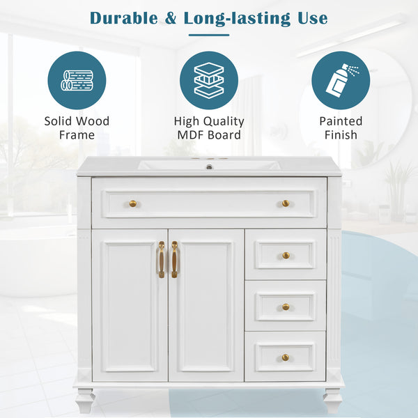 English Elm 36" Modern Bathroom Vanity with Ceramic Sink, Gold Handles, Flip-Out Drawer & Soft-Close Doors White N725P283623K
