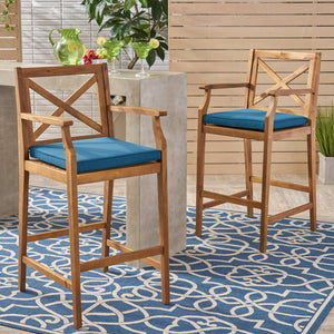 English Elm Christopher Knight Home® - PERLA Acacia Wood Outdoor Barstool Set of 2 with Water-Resistant Cushions, Cross-Back Farmhouse Charm Blue 63748.00BLU