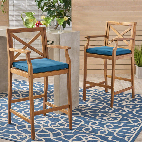 English Elm Christopher Knight Home® - PERLA Acacia Wood Outdoor Barstool Set of 2 with Water-Resistant Cushions, Cross-Back Farmhouse Charm Blue 63748.00BLU