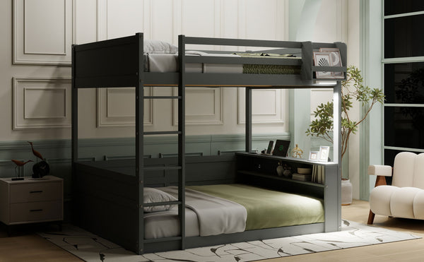 English Elm Queen Size Wooden Bunk Bed With Smart Storage, Led Light, Usb Charging & Modern Grey Finish N7090005006E-GIGA
