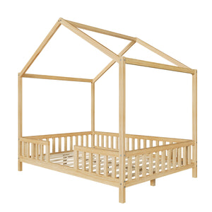 English Elm Montessori House Bed Frame Twin with Canopy & Full Guardrails, Cozy Kids Platform Bed for Toddlers Natural 77.8 L x 17.25 W x 7 H N733P356048M
