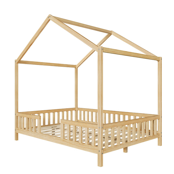 English Elm Montessori House Bed Frame Twin with Canopy & Full Guardrails, Cozy Kids Platform Bed for Toddlers Natural 77.8 L x 17.25 W x 7 H N733P356048M