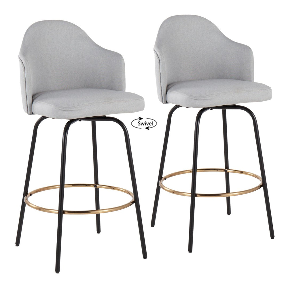 English Elm Contemporary Grey Fabric Swivel Counterstools with Black Steel and Gold Footrest Set B202S00150