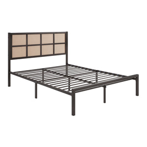 English Elm 1pc Queen Platform Bed Sanibel Metal Frame with Faux Cane Headboard Dark Finish Coastal Chic Design Bronze 66 L x 25 W x 3.75 H B011P214030