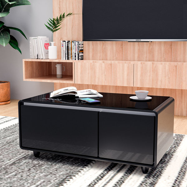 English Elm Modern Smart Coffee Table With Fridge, Bluetooth Speaker, Wireless Charging & Touch Controls, Black W1172P175395
