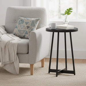 English Elm Ranlo Modern Round Accent Table with Oak Veneer Top, Black Geometric Metal Legs, Space-Saving Design B050P364435