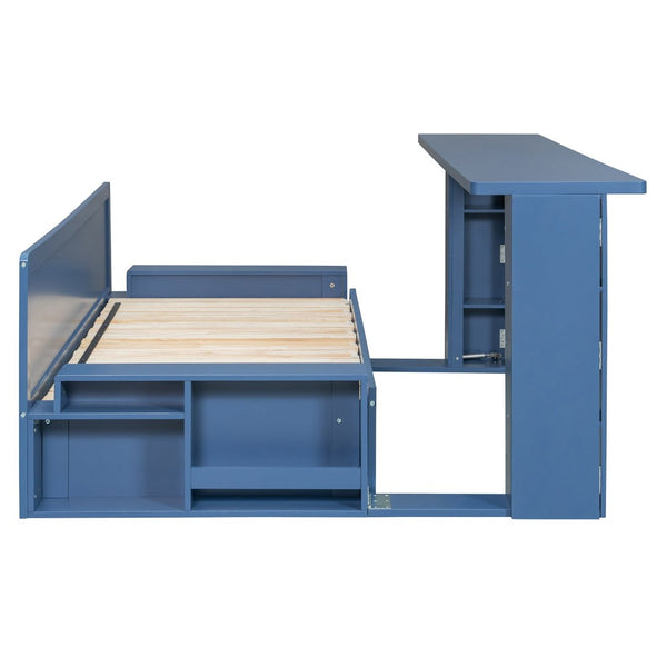 English Elm Queen Daybed with Hydraulic Desk Storage Drawers and Convertible Sofa for Small Spaces Blue LT000272AAC