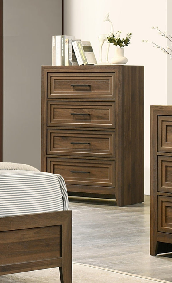 English Elm 1pc Contemporary Wooden Four Drawer Chest with Geometric Relief and Warm Brown Finish B2741P498437