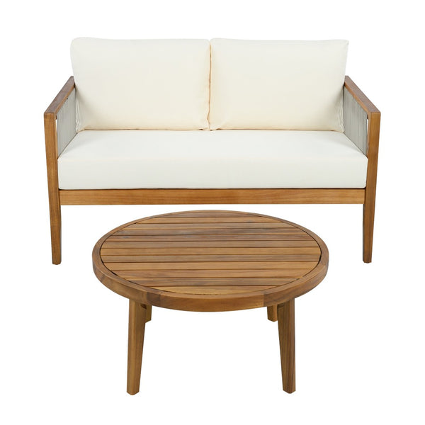 English Elm Outdoor Acacia Wood Loveseat Set with Rope Woven Panels and Matching Coffee Table Beige,Teak N768P408131T