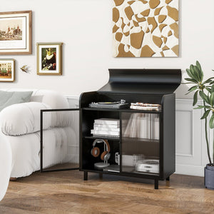 English Elm Modern Sideboard Buffet Cabinet Antique Black Steel Frame with Tempered Figured Glass Doors, Flip-Top Storage Console W3122P272901