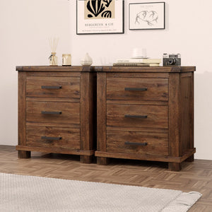 English Elm Rustic Reclaimed Pine Three-Drawer Nightstand Set of 2 – Solid Farmhouse Wood, 66lb Glides, Bronze Handles BS531408AAD