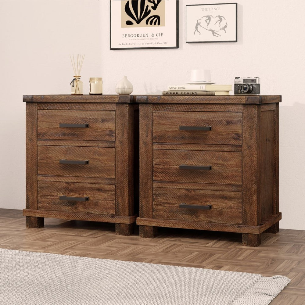 English Elm Rustic Reclaimed Pine 3-drawer Nightstand Set Farmhouse Bedroom Antique Finish BS701P455591D
