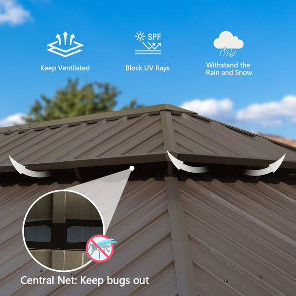 English Elm 14x22FT Hardtop Gazebo Metal Pavilion with Galvanized Double Roof, Aluminum Frame, Gutter, Curtains & Netting Yellow Brown W1859S00106