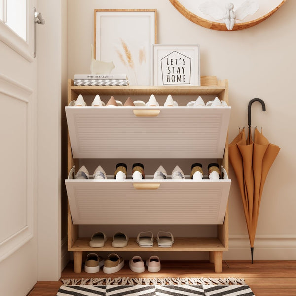 English Elm Shoes Storage Cabinet Slim Flip Door Entryway Organizer with Natural Wood Legs 16 Pairs W3166P268391