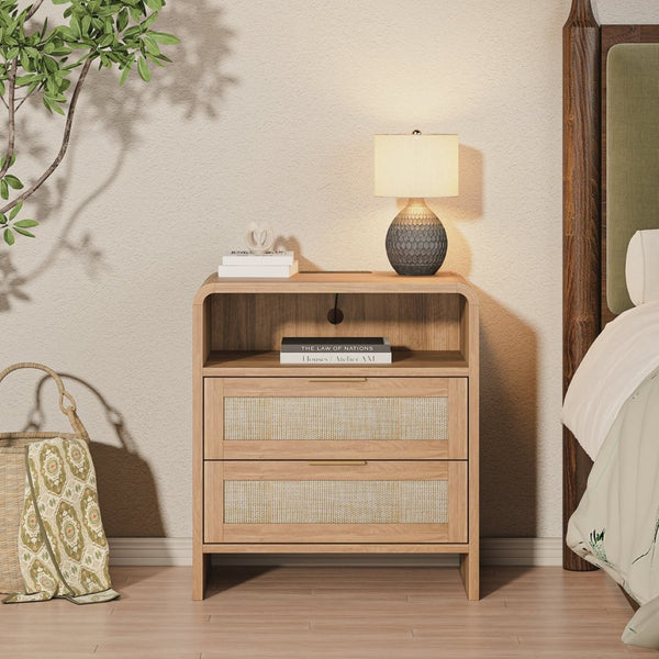 English Elm Rattan Drawer Nightstand Set with Built-in Charging Station and Open Shelf Bedroom Storage Caramel W1820P414047