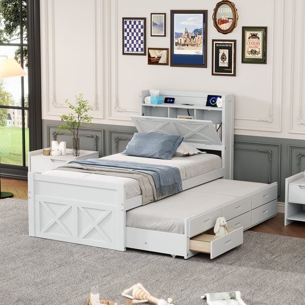 English Elm Twin Storage Bed with Headboard Outlets, Extendable Trundle & 3 Drawers, Durable MDF/Plywood Design White 80.5 L x 17.75 W x 5.25 H N733S172839K
