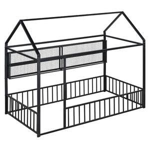 English Elm Twin House Frame Bed Powder Coated Steel with Built in Shelves for Kids Room N737P175360B