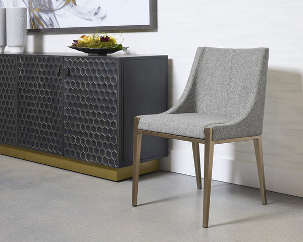 Sunpan Dionne Dining Chair - Modern Elegance with Textured Fabric and Antique Brass Stainless Steel Legs Monument Pebble