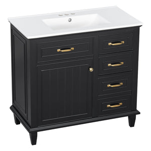 English Elm 36 Inch Bathroom Vanity With Ceramic Sink Top, Solid Wood Frame & Smart Storage Solutions For Style N725P336554B