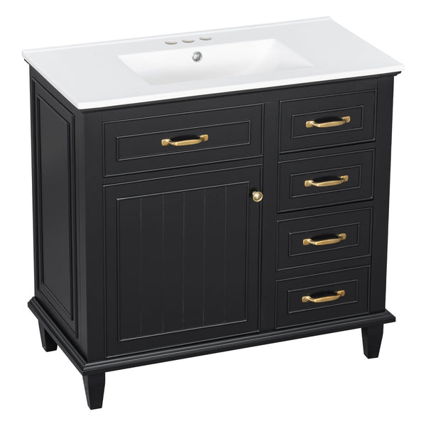 English Elm 36 Inch Bathroom Vanity With Ceramic Sink Top, Solid Wood Frame & Smart Storage Solutions For Style N725P336554B